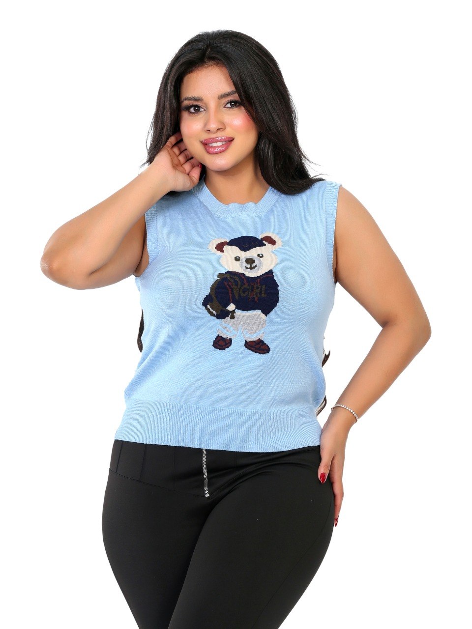 Teddy Bear Sleeveless Knit Blouse - Baby Blue