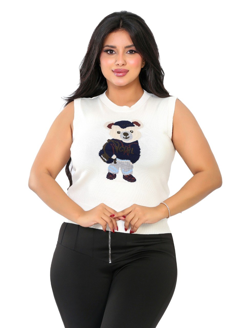 Teddy Bear Sleeveless Knit Blouse - Off White