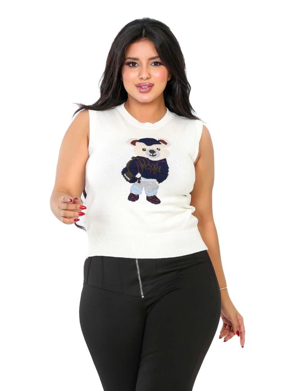 Teddy Bear Sleeveless Knit Blouse - Off White