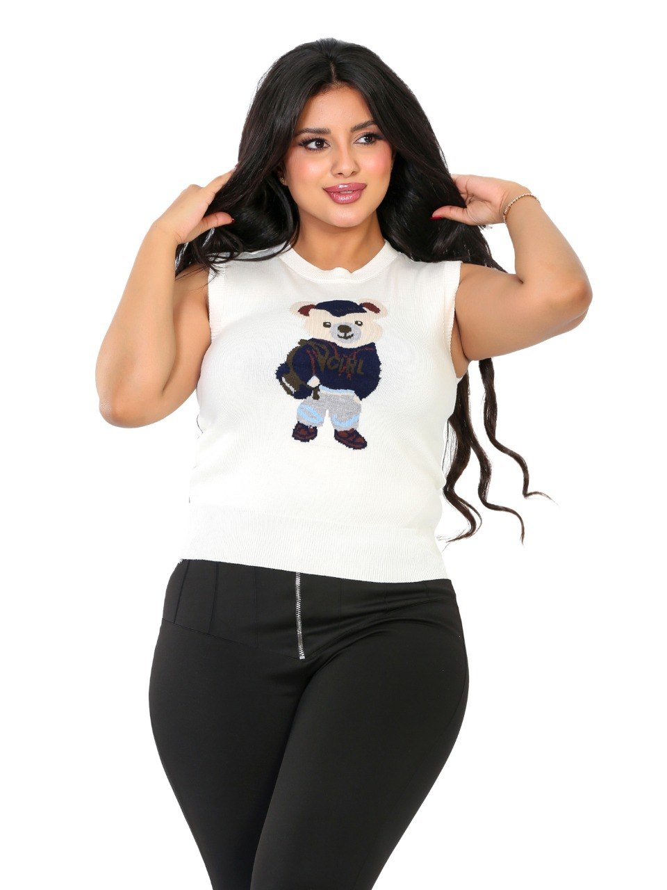 Teddy Bear Sleeveless Knit Blouse - Off White