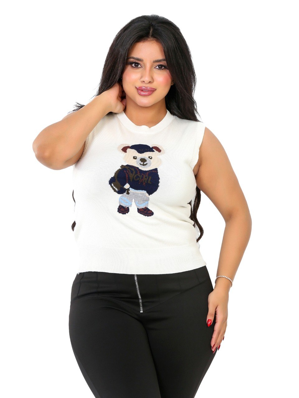Teddy Bear Sleeveless Knit Blouse - Off White