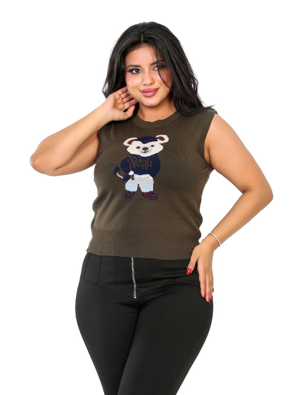 Teddy Bear Sleeveless Knit Blouse - Brown