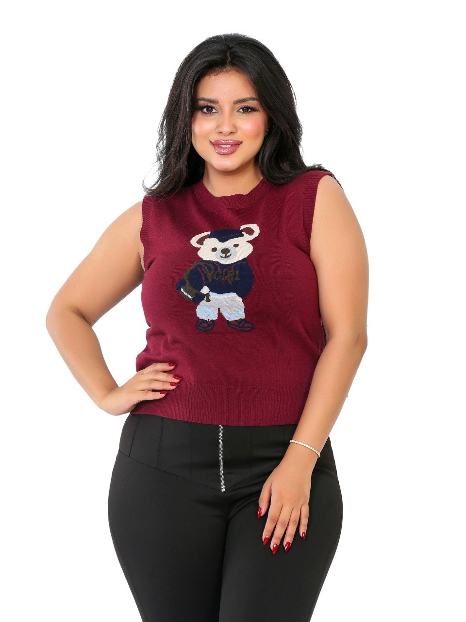 Teddy Bear Sleeveless Knit Blouse - Burgundy