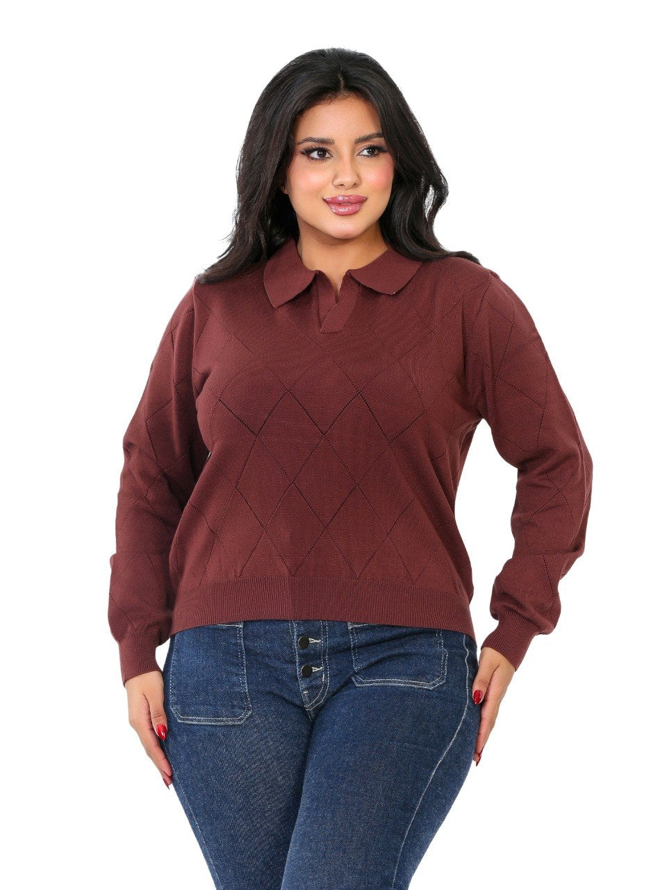 Pointelle Diamond Polo Blouse - Brown