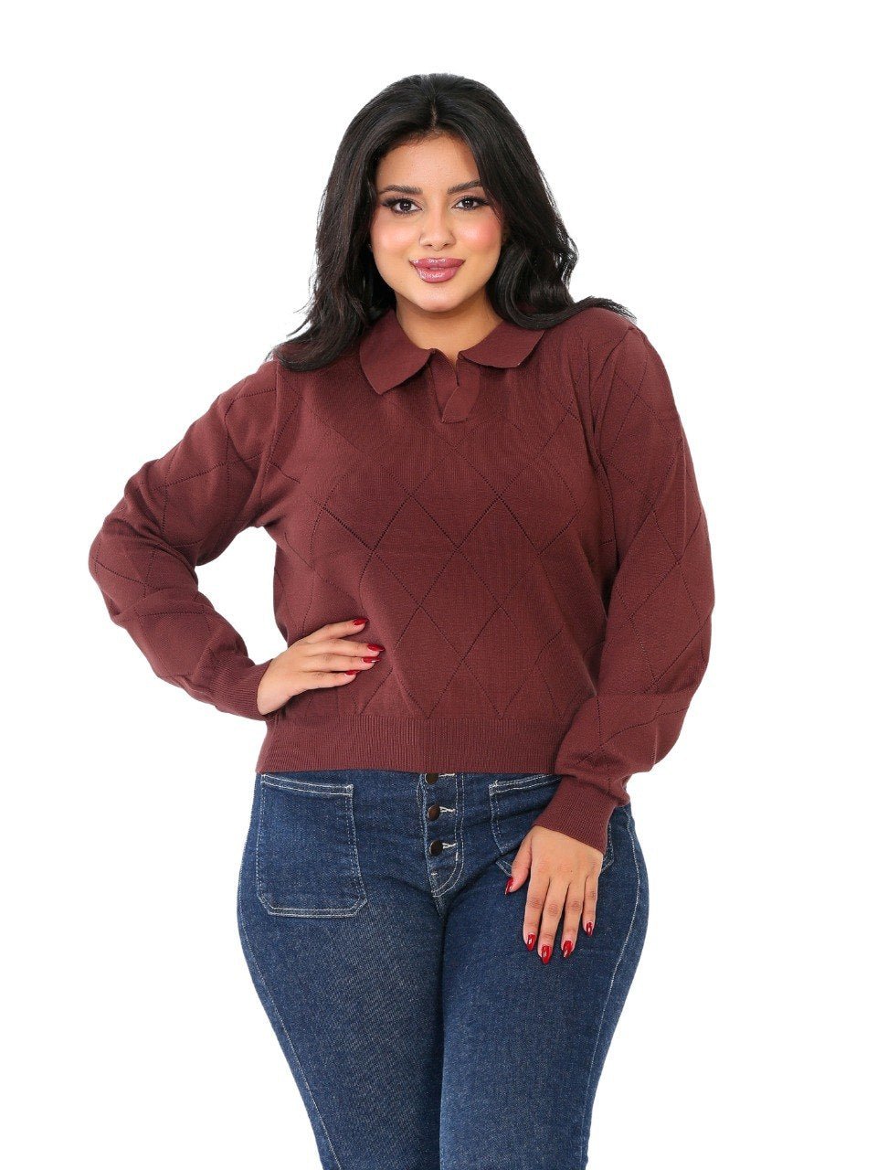 Pointelle Diamond Polo Blouse - Brown