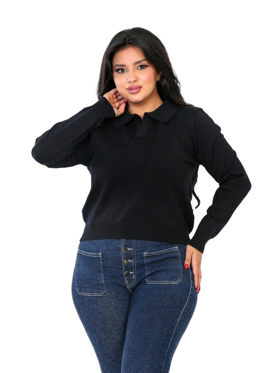 Pointelle Diamond Polo Blouse - Black