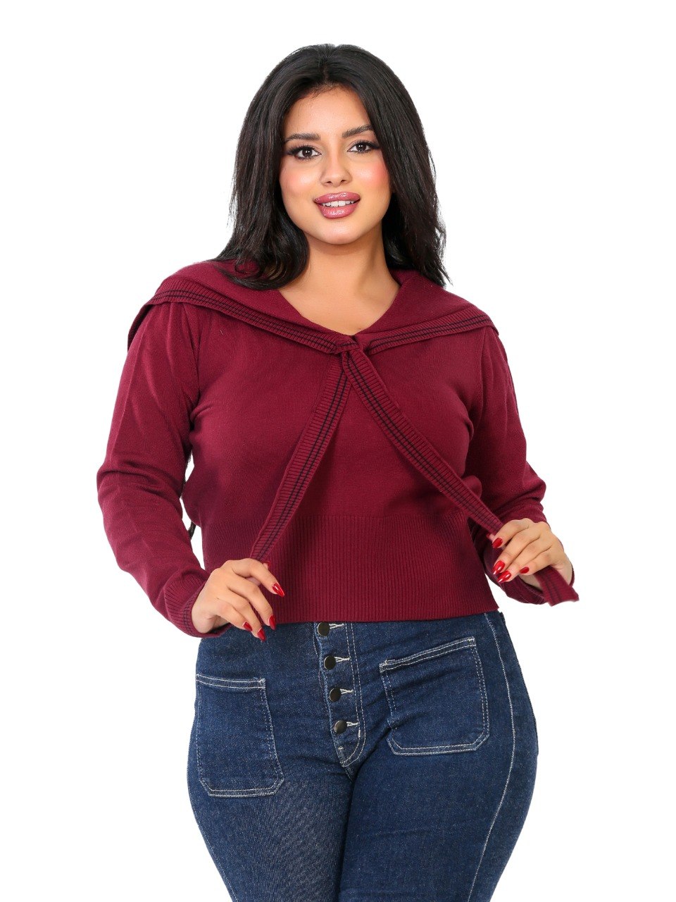 Sailor Collar Tie Knit Blouse - Burgundy