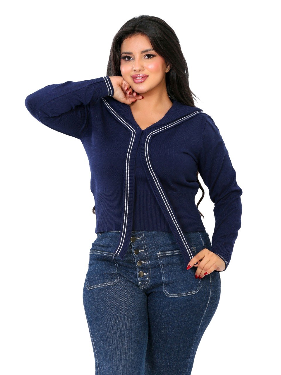 Sailor Collar Tie Knit Blouse - Navy