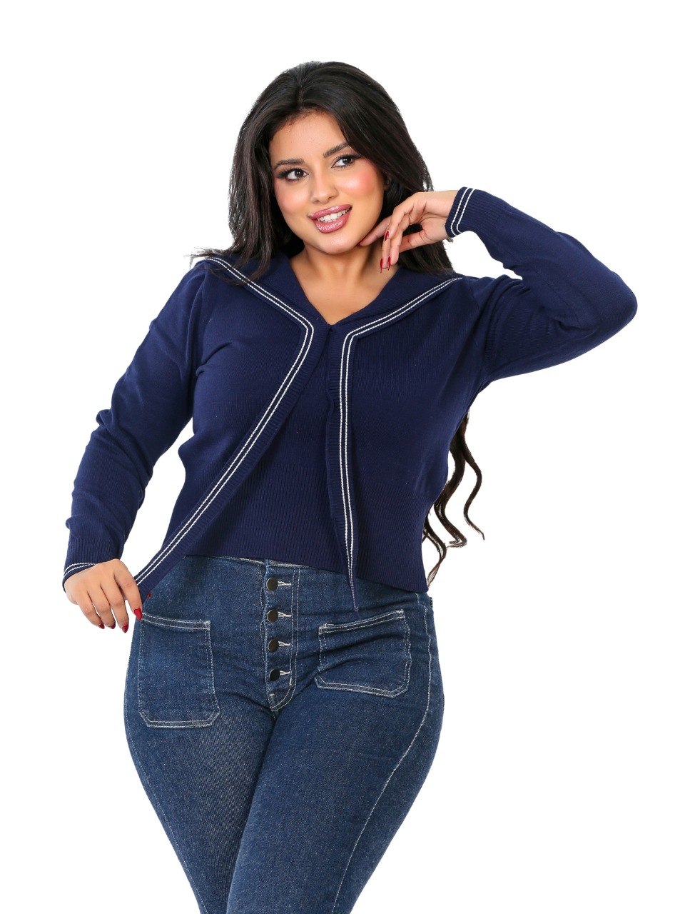 Sailor Collar Tie Knit Blouse - Navy
