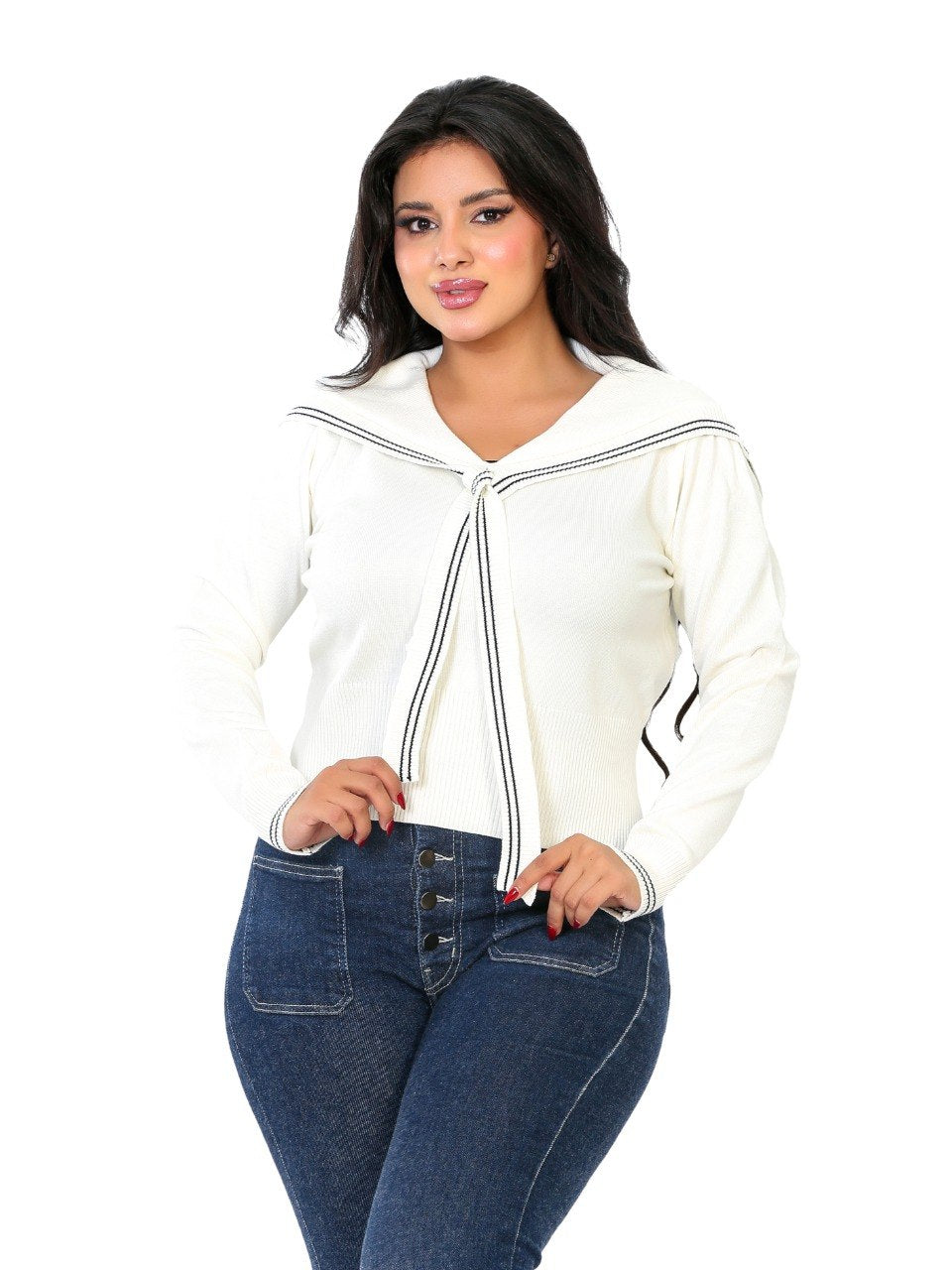 Sailor Collar Tie Knit Blouse - Off White