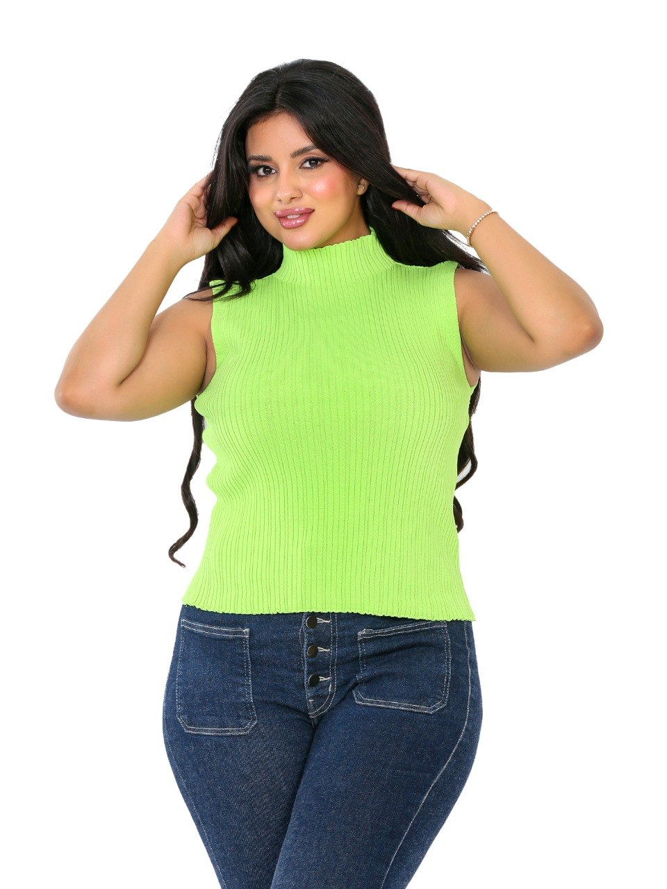 Sleeveless Ribbed Mock Neck Blouse - Lime Green