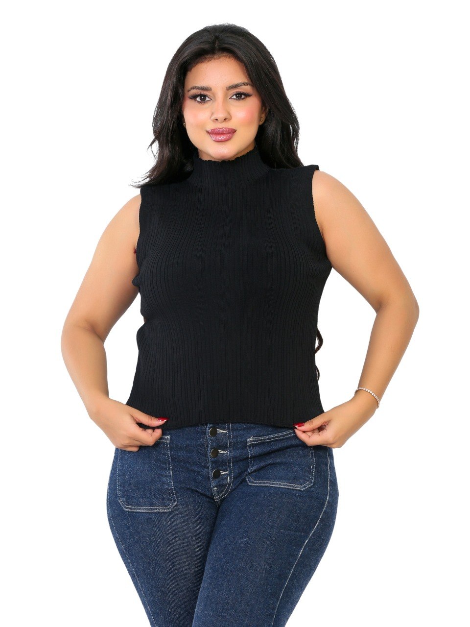 Sleeveless Ribbed Mock Neck Blouse - Black