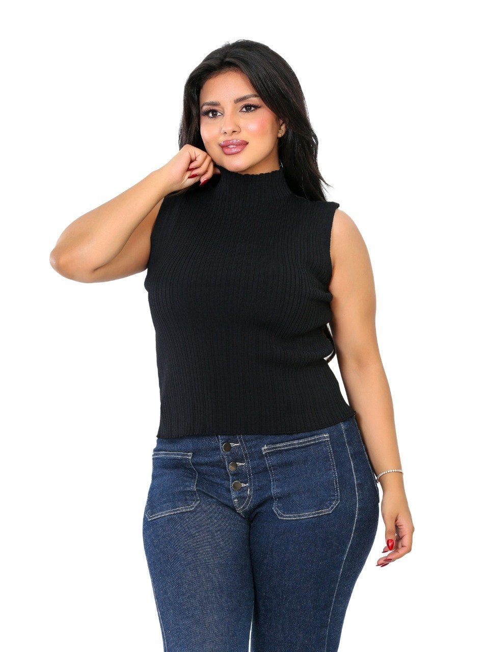 Sleeveless Ribbed Mock Neck Blouse - Black