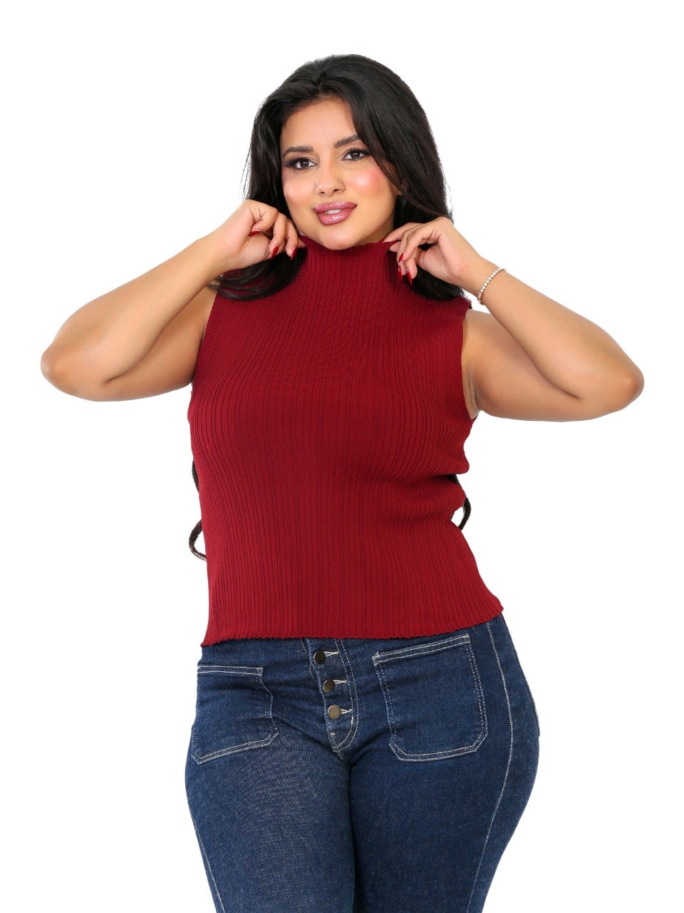 Sleeveless Ribbed Mock Neck Blouse - Burgundy