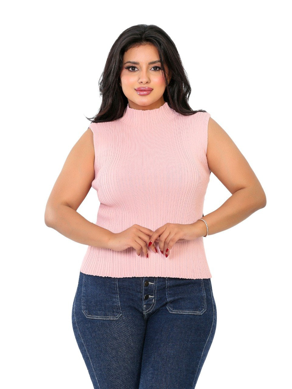 Sleeveless Ribbed Mock Neck Blouse - Pink
