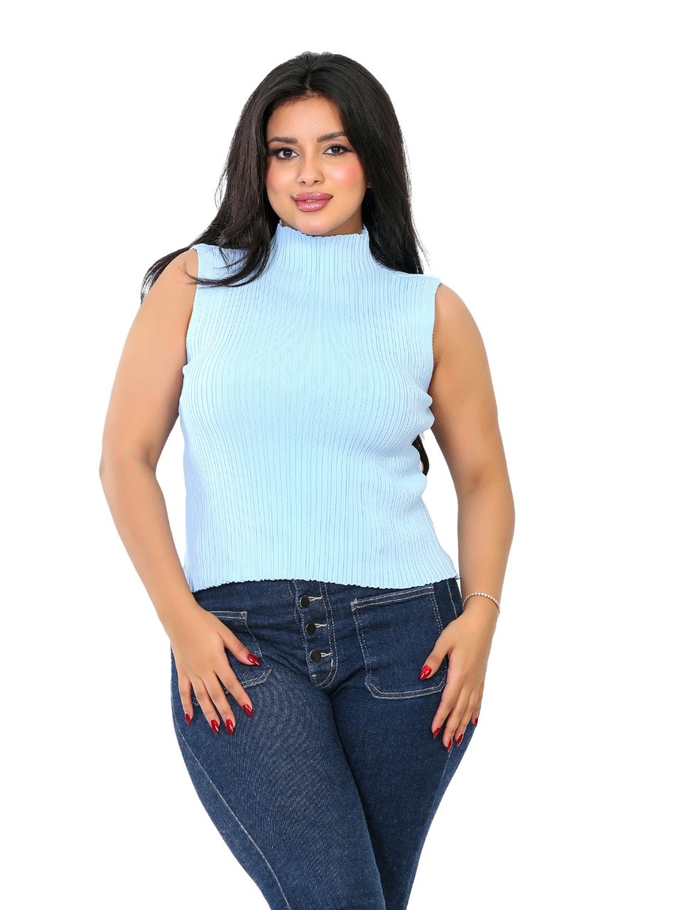 Sleeveless Ribbed Mock Neck Blouse - Baby Blue