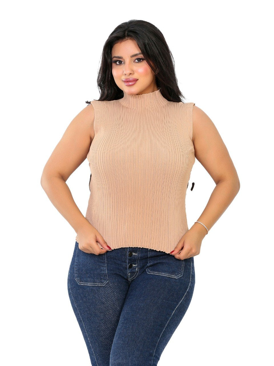 Sleeveless Ribbed Mock Neck Blouse - Camel