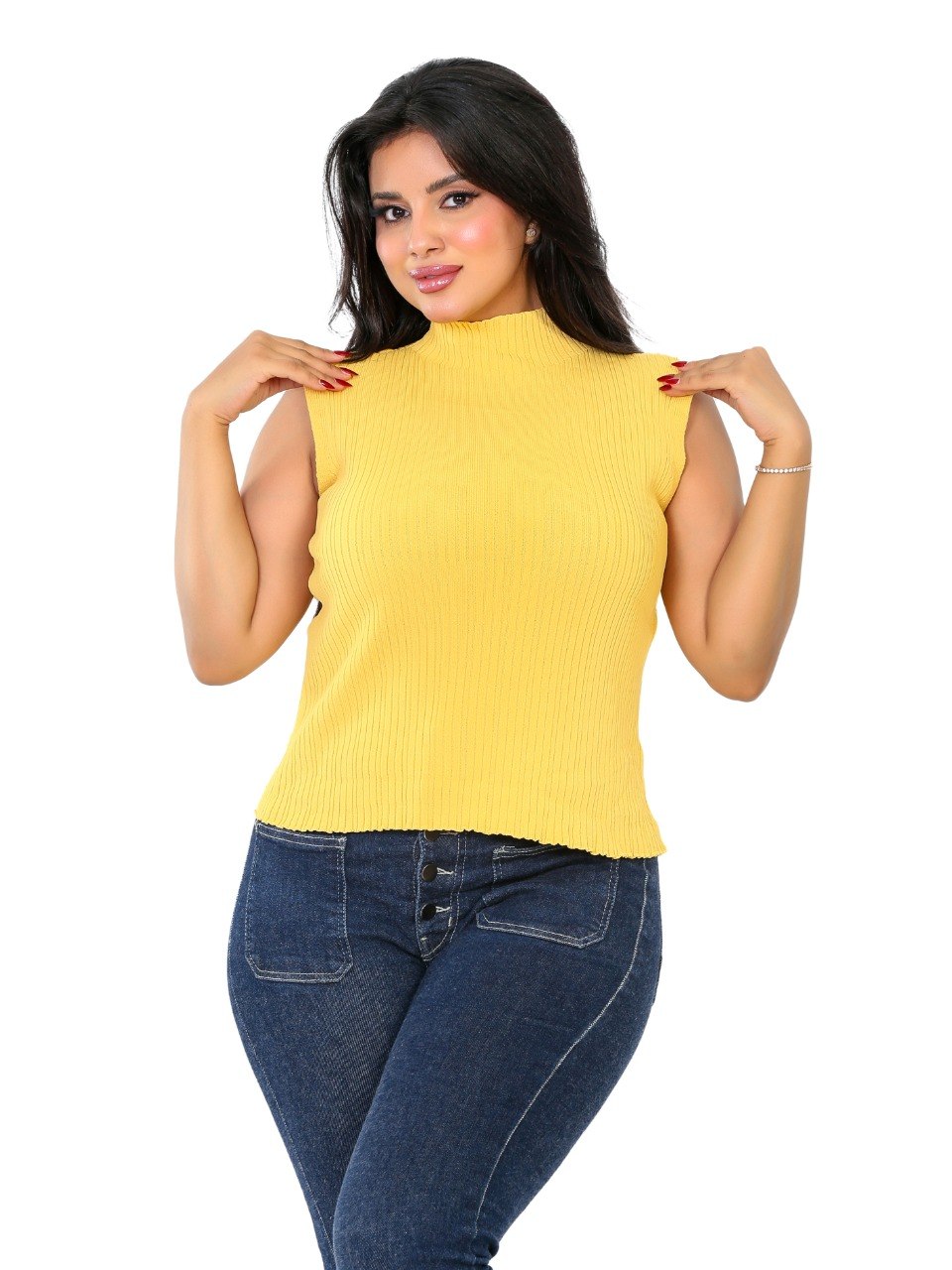 Sleeveless Ribbed Mock Neck Blouse - Yellow
