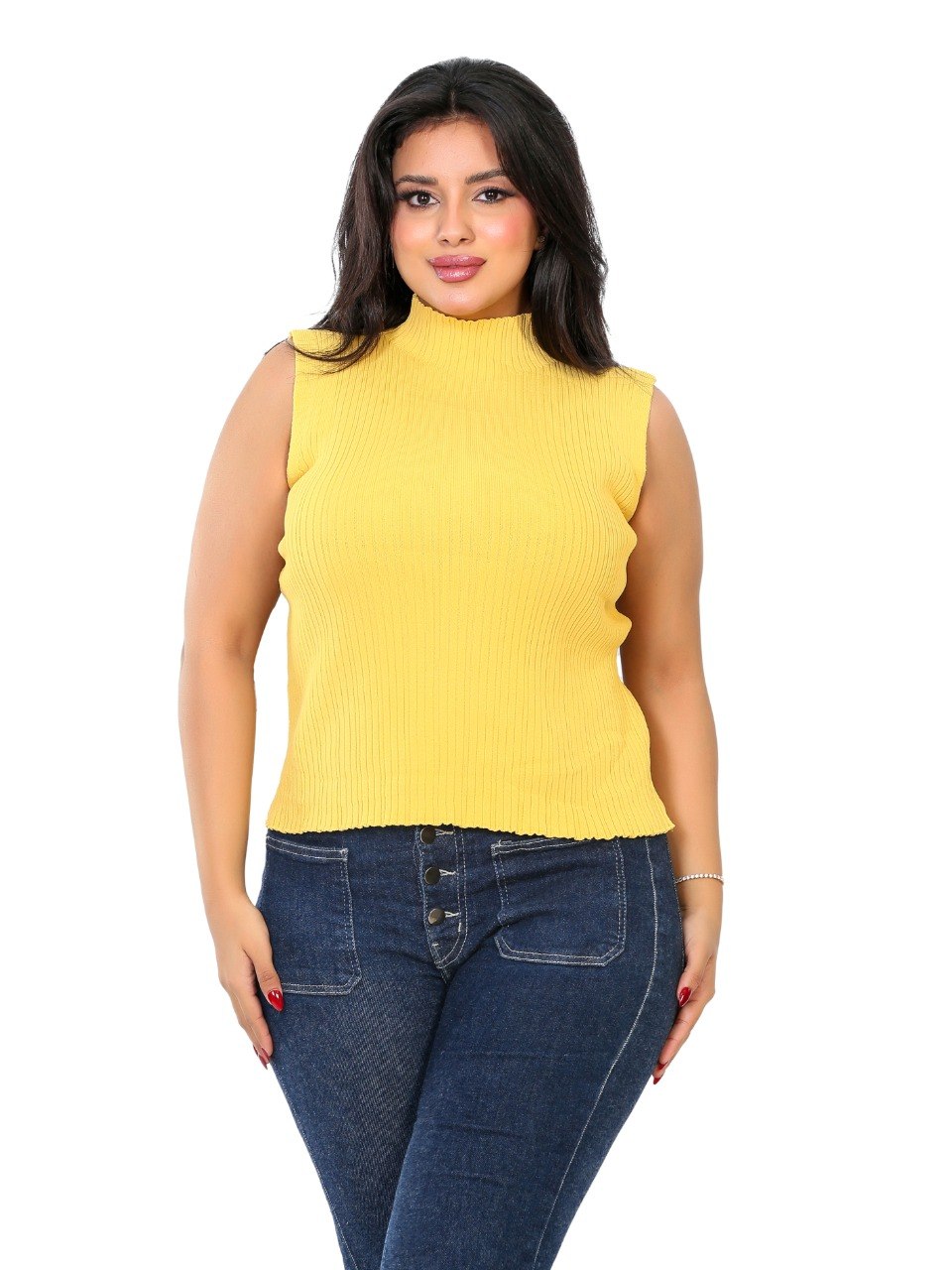 Sleeveless Ribbed Mock Neck Blouse - Yellow