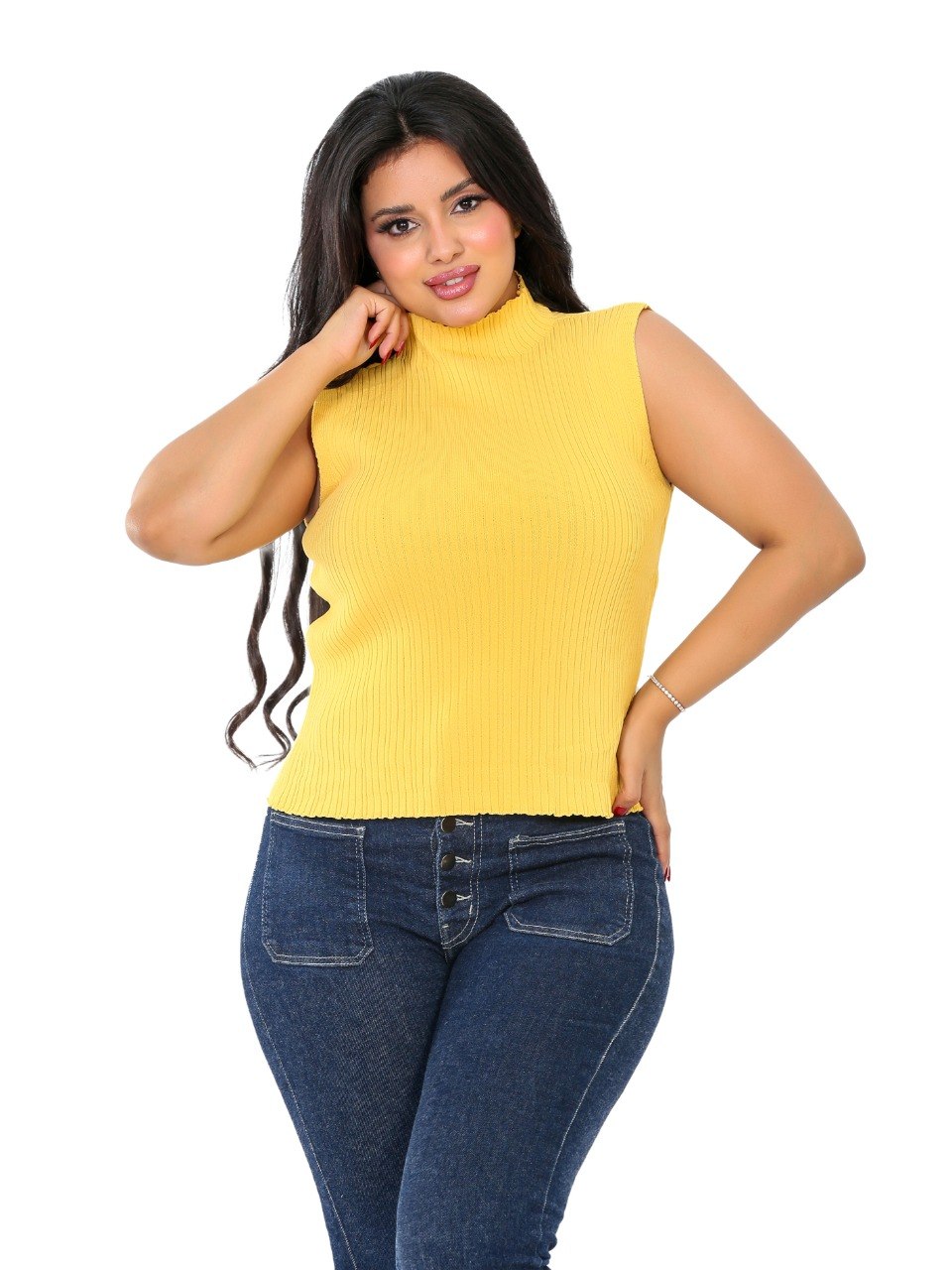 Sleeveless Ribbed Mock Neck Blouse - Yellow