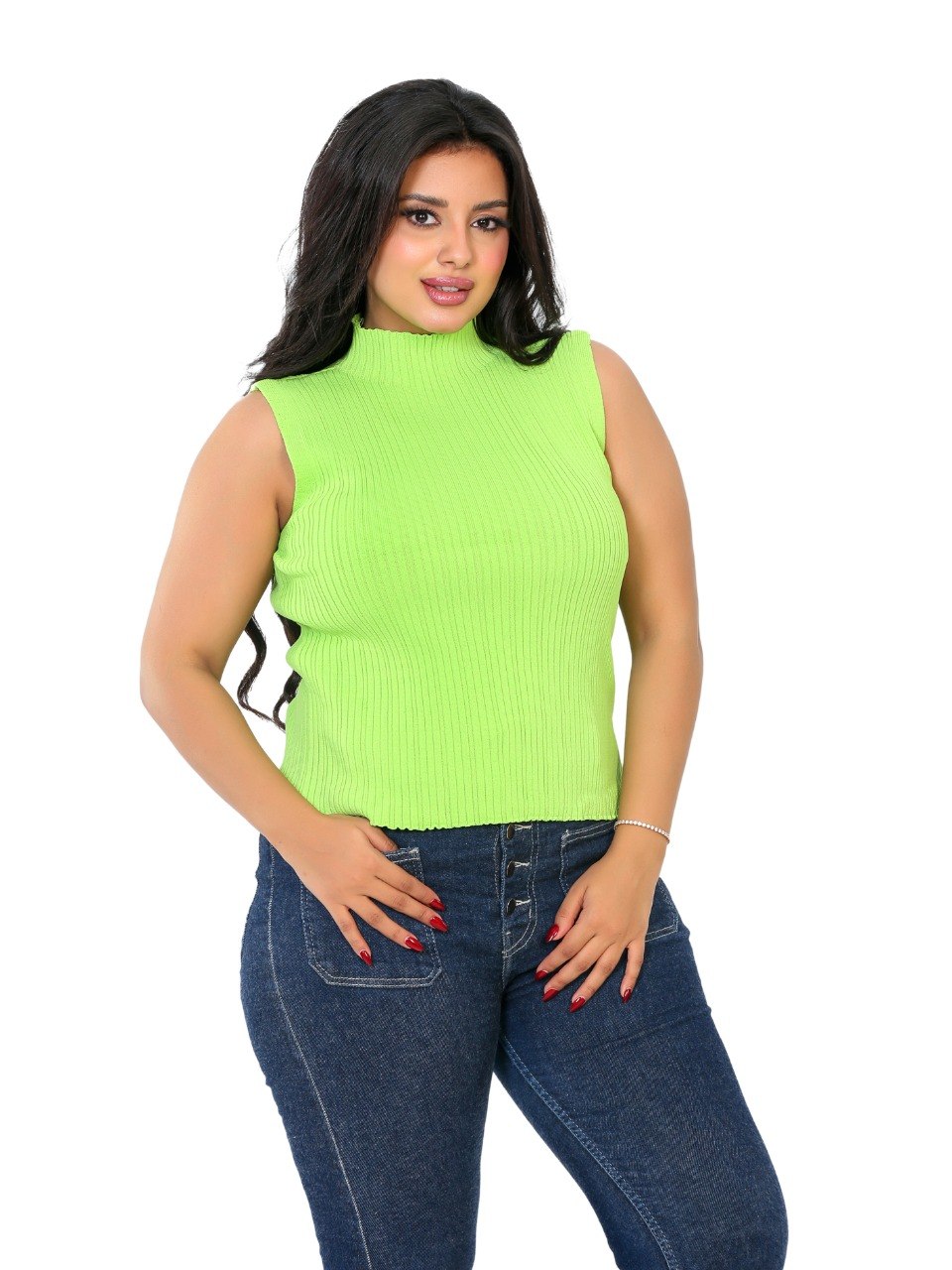 Sleeveless Ribbed Mock Neck Blouse - Lime Green