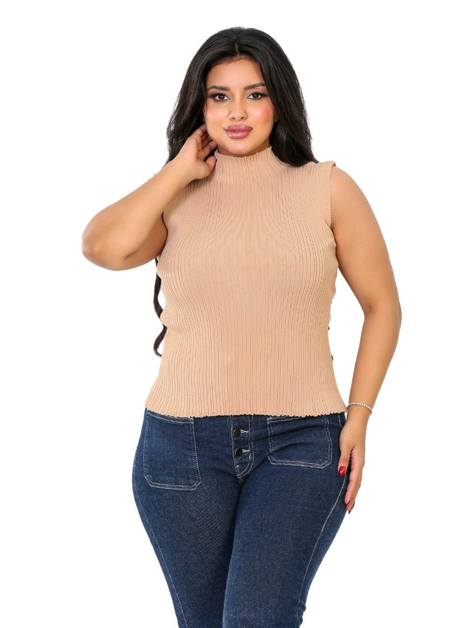 Sleeveless Ribbed Mock Neck Blouse - Camel