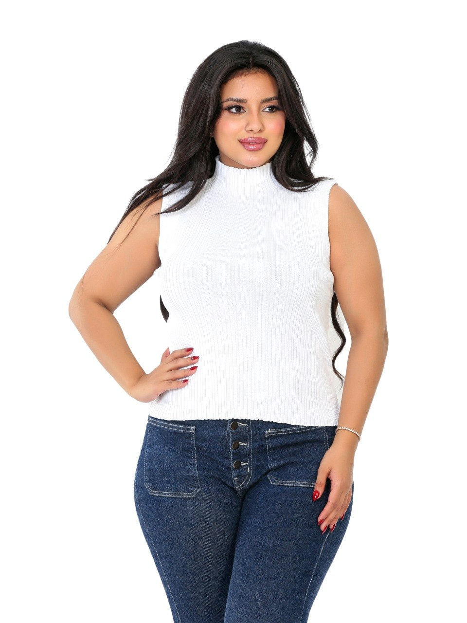 Sleeveless Ribbed Mock Neck Blouse - White