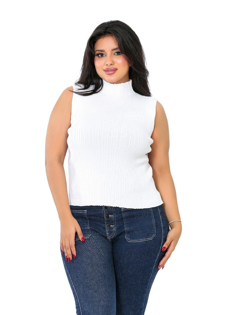 Sleeveless Ribbed Mock Neck Blouse - White