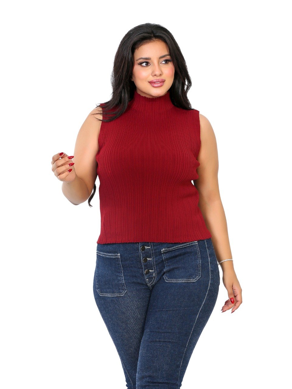 Sleeveless Ribbed Mock Neck Blouse - Burgundy