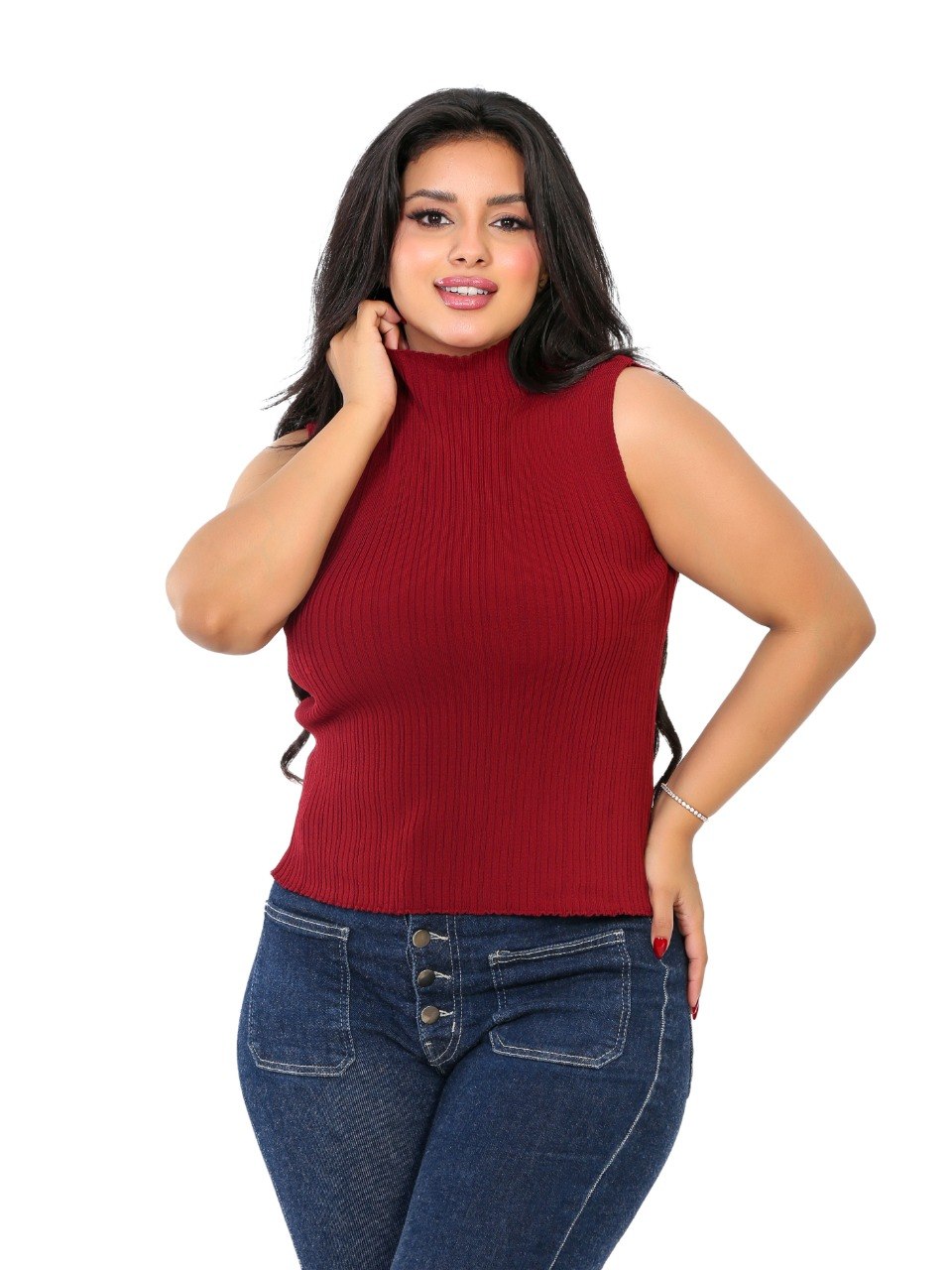 Sleeveless Ribbed Mock Neck Blouse - Burgundy