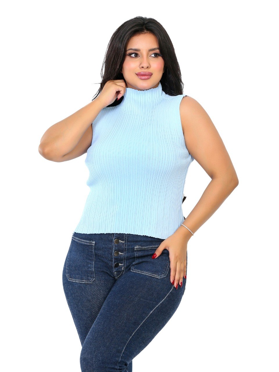 Sleeveless Ribbed Mock Neck Blouse - Baby Blue