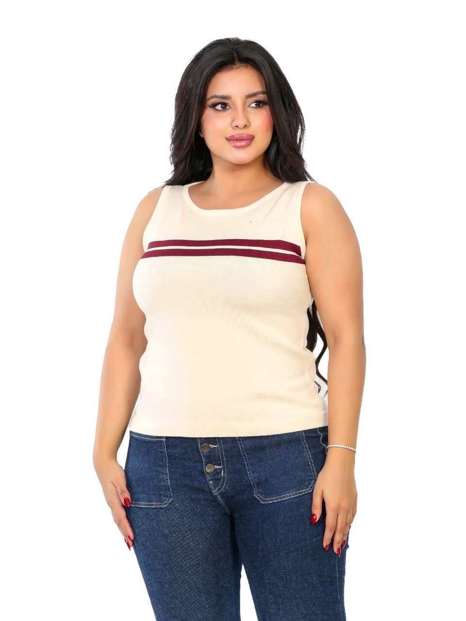 Chest Stripe Sleeveless Knit Blouse - Cream