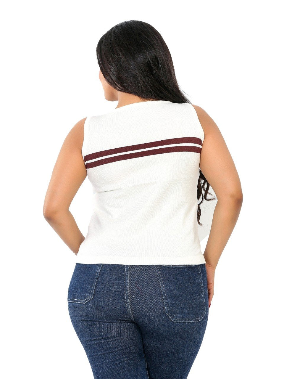 Chest Stripe Sleeveless Knit Blouse - White