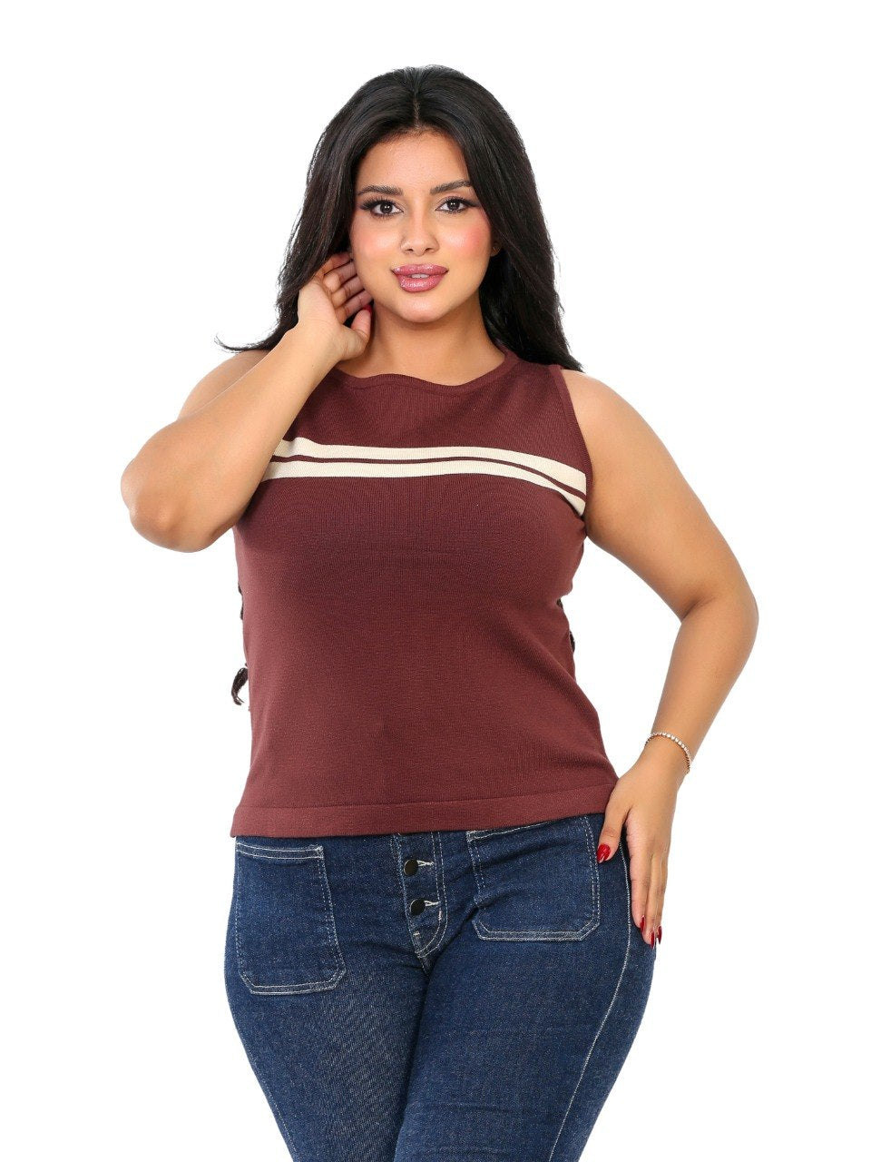 Chest Stripe Sleeveless Knit Blouse - Brown