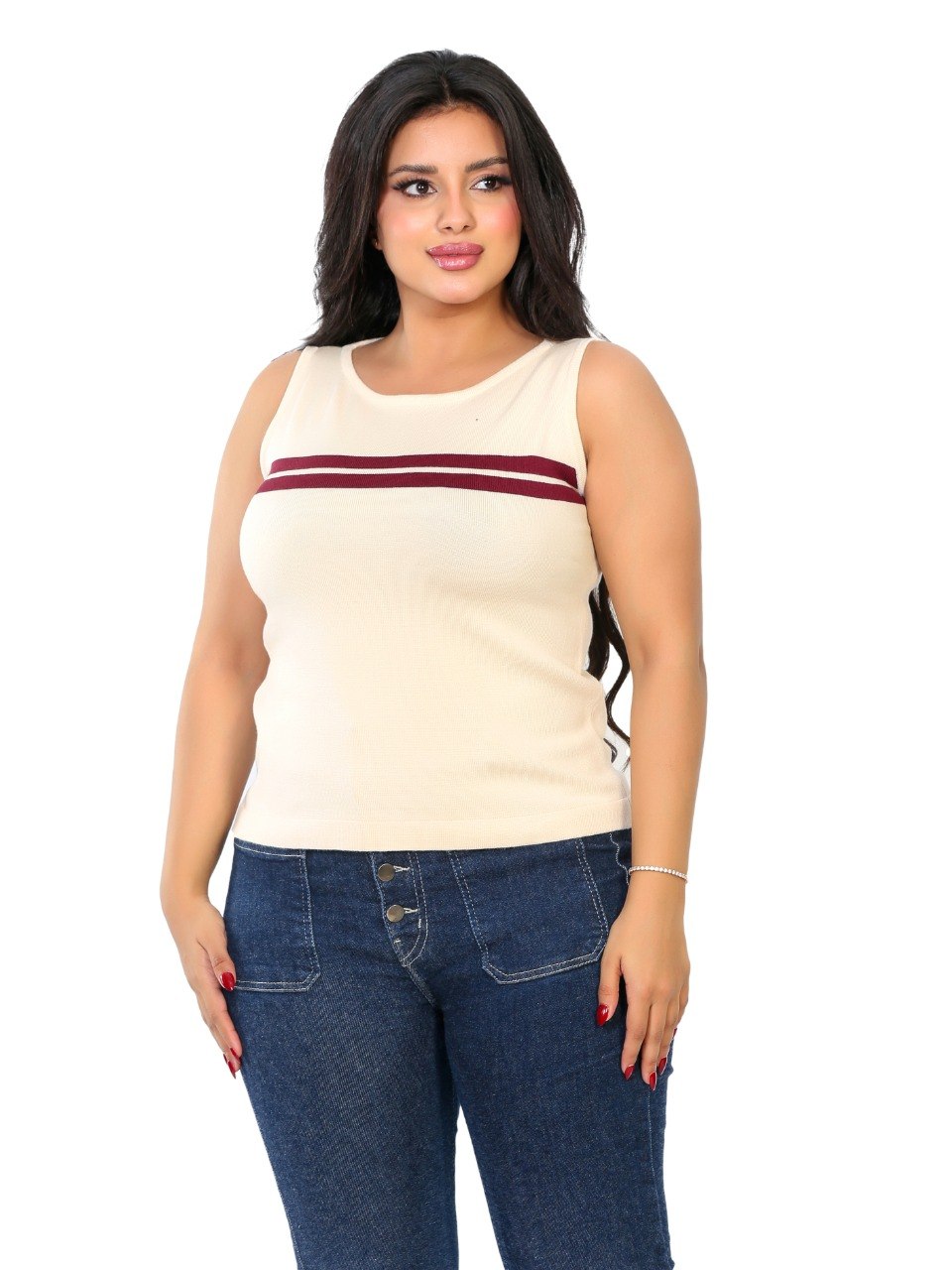 Chest Stripe Sleeveless Knit Blouse - Cream