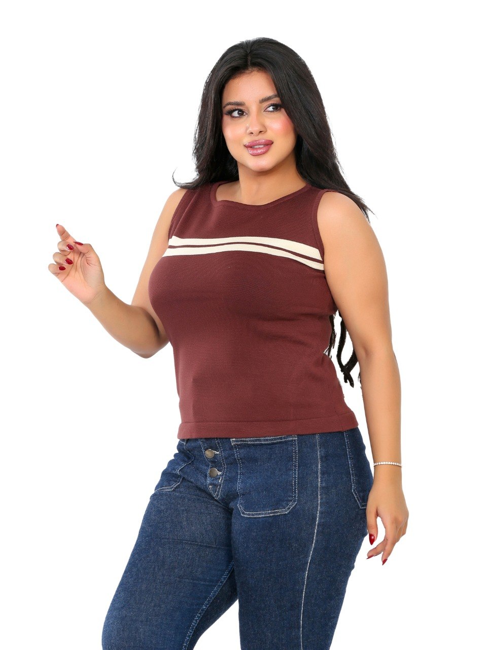Chest Stripe Sleeveless Knit Blouse - Brown