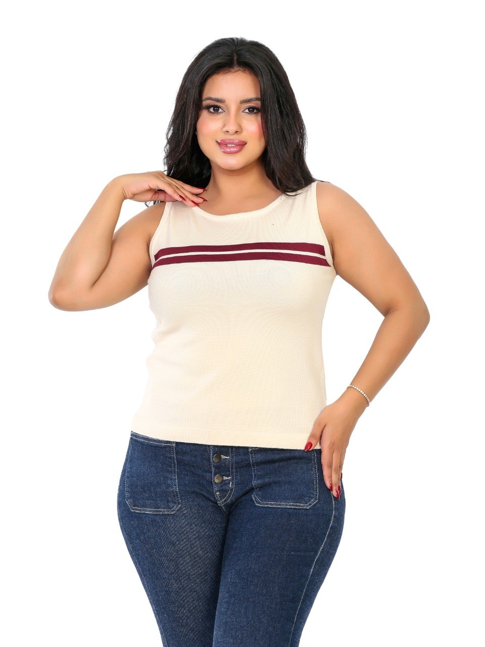Chest Stripe Sleeveless Knit Blouse - Cream