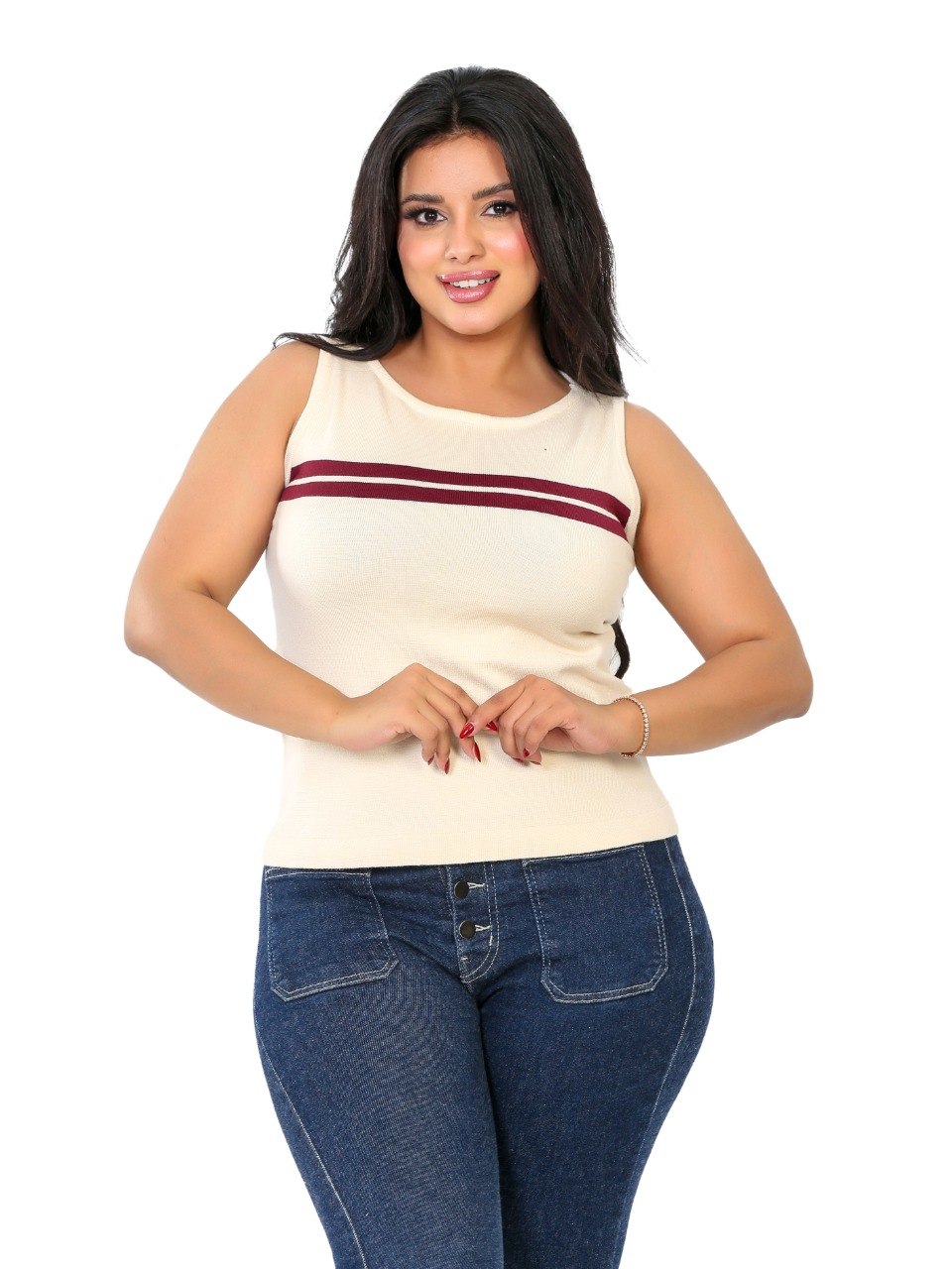 Chest Stripe Sleeveless Knit Blouse - Cream