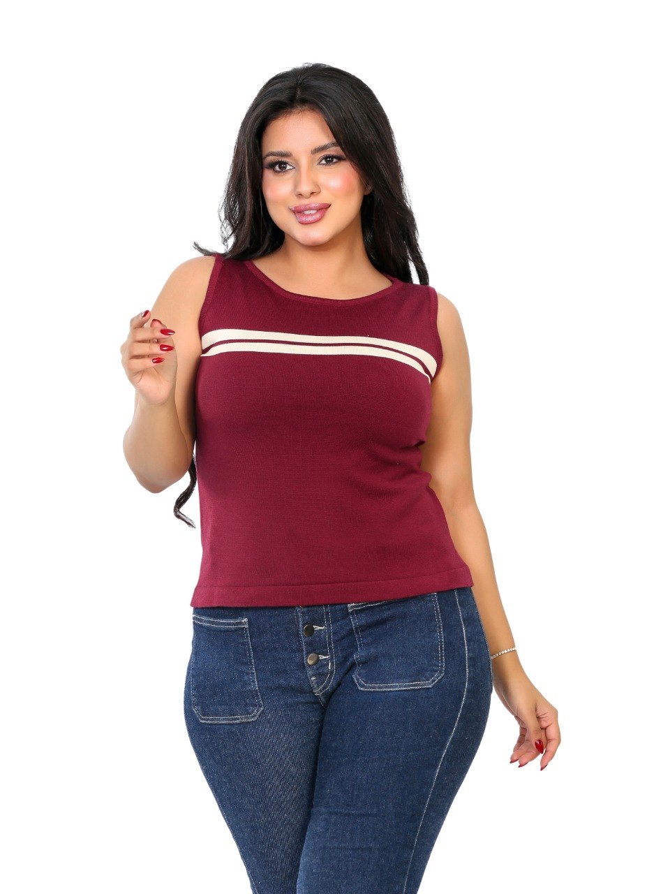 Chest Stripe Sleeveless Knit Blouse - Burgundy