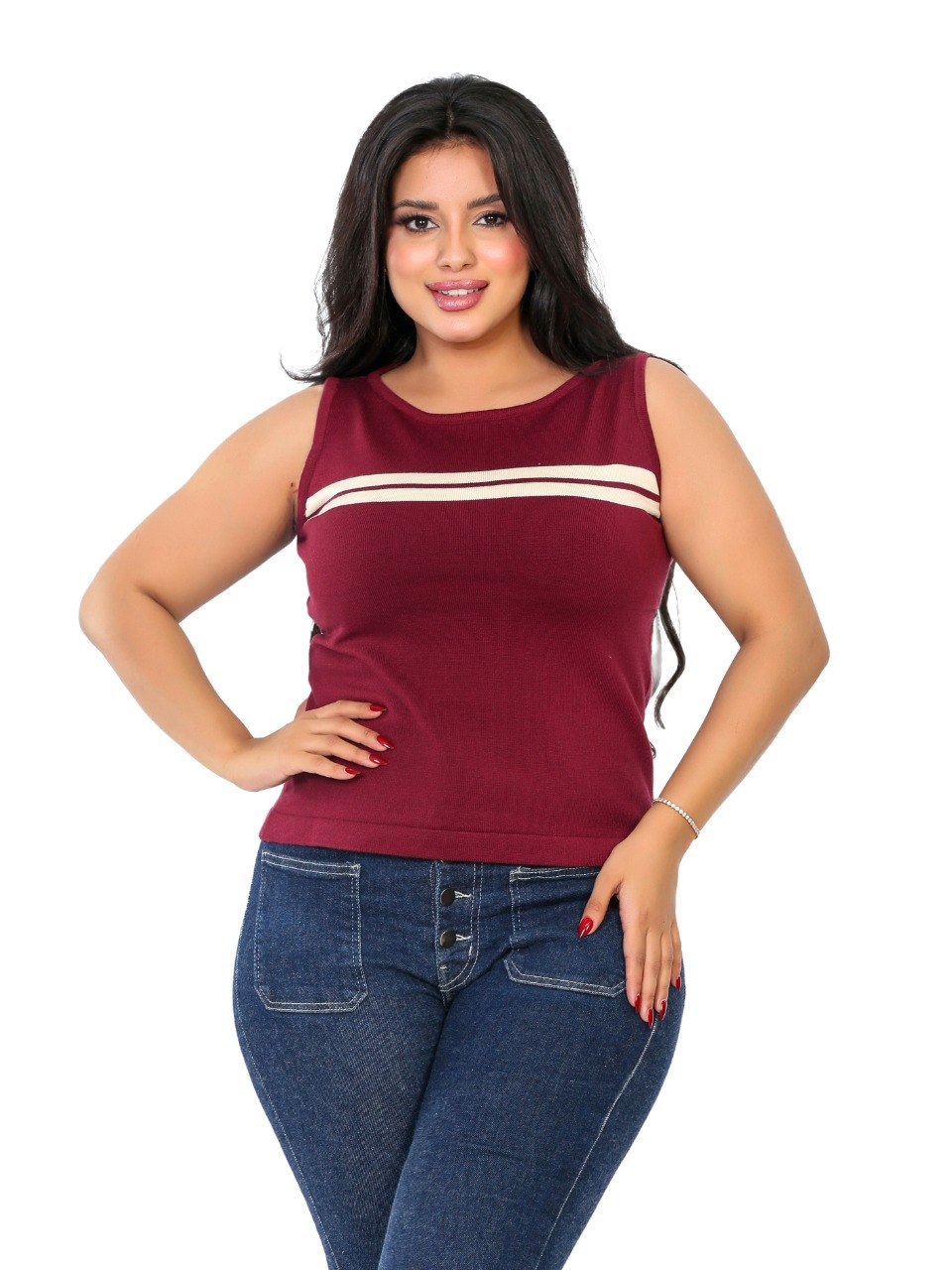 Chest Stripe Sleeveless Knit Blouse - Burgundy