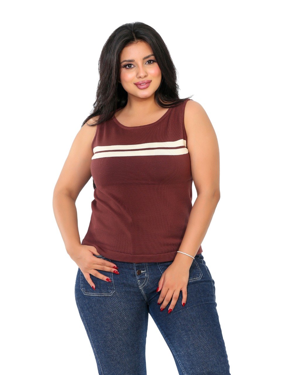 Chest Stripe Sleeveless Knit Blouse - Brown