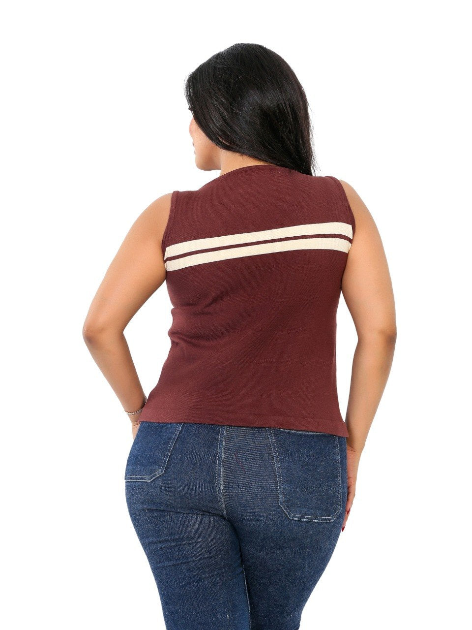 Chest Stripe Sleeveless Knit Blouse - Brown