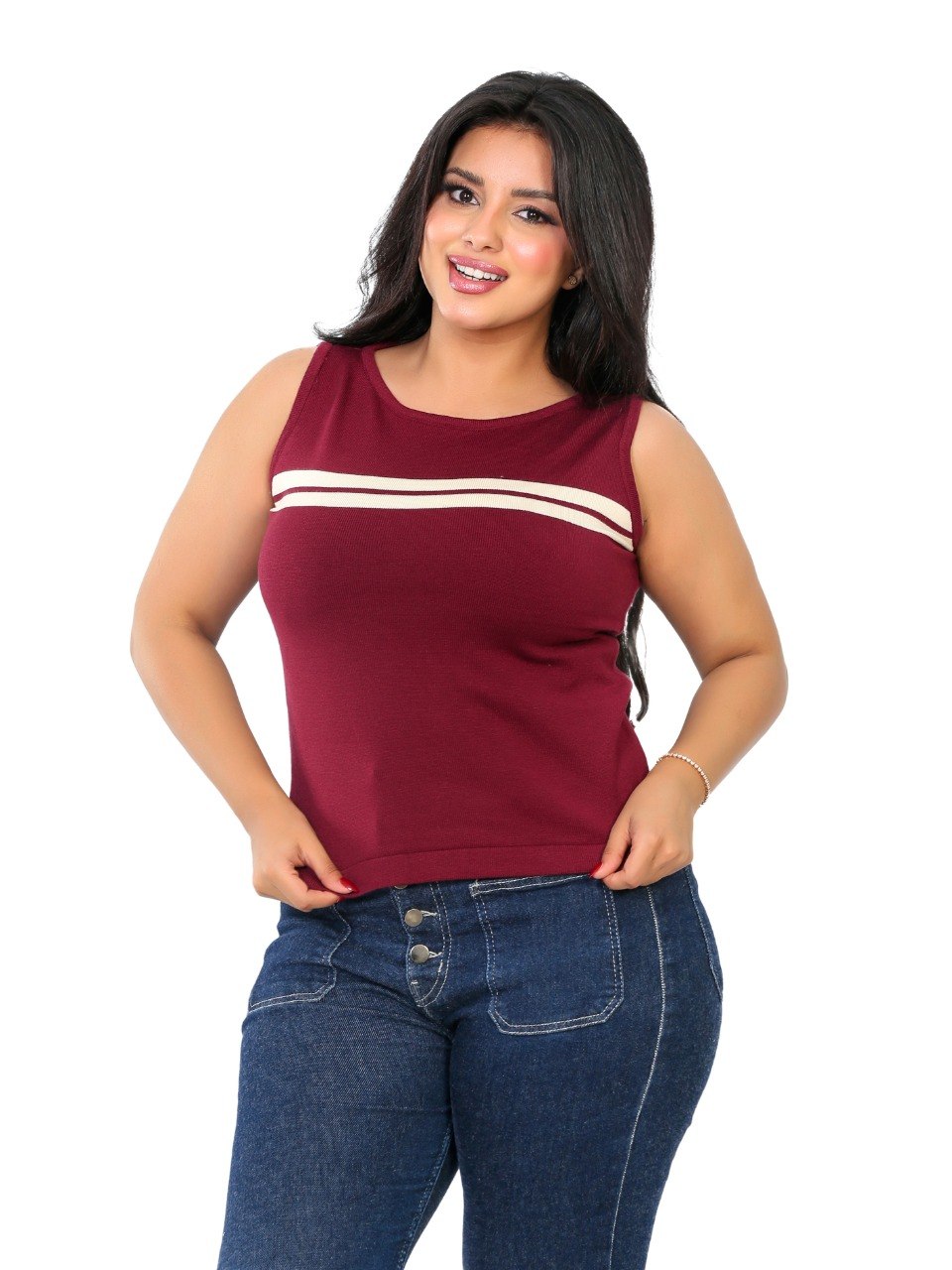 Chest Stripe Sleeveless Knit Blouse - Burgundy
