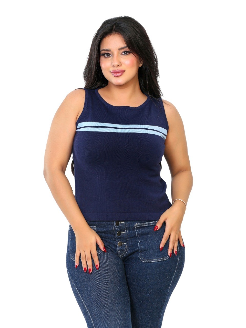 Chest Stripe Sleeveless Knit Blouse - Navy