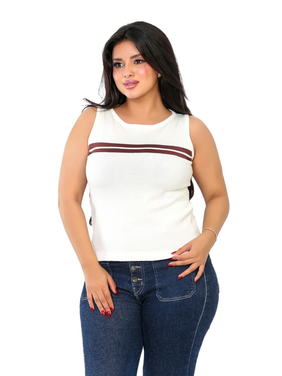 Chest Stripe Sleeveless Knit Blouse - White