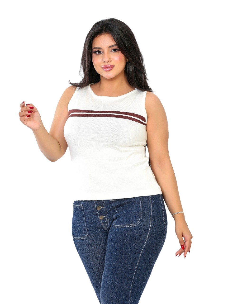 Chest Stripe Sleeveless Knit Blouse - White