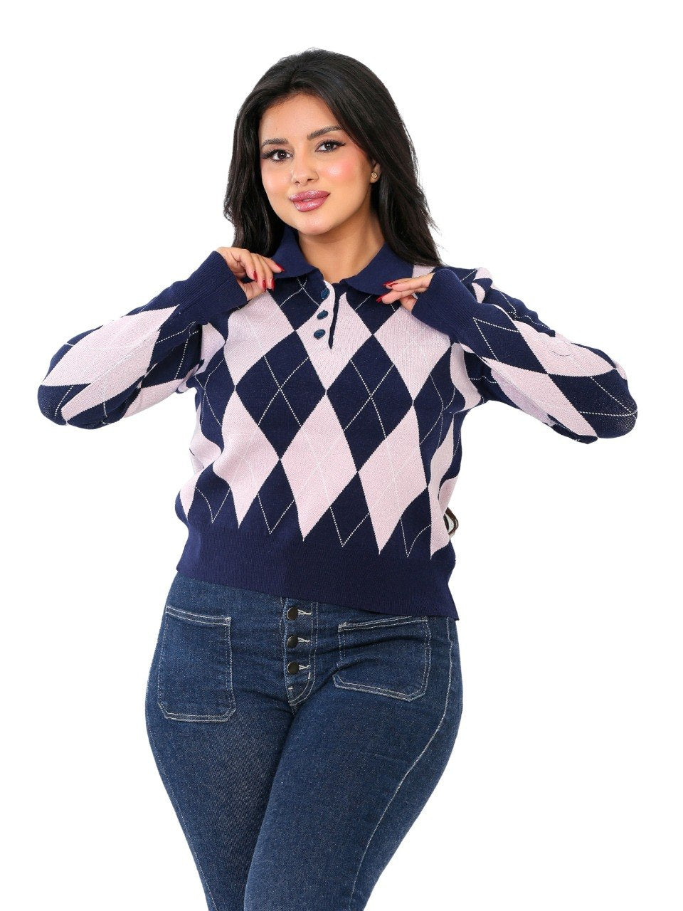 Argyle Diamond Polo Blouse - Navy