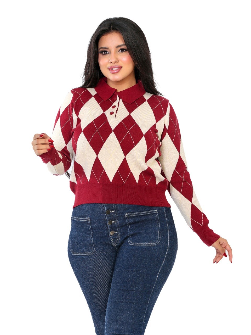 Argyle Diamond Polo Blouse - Red