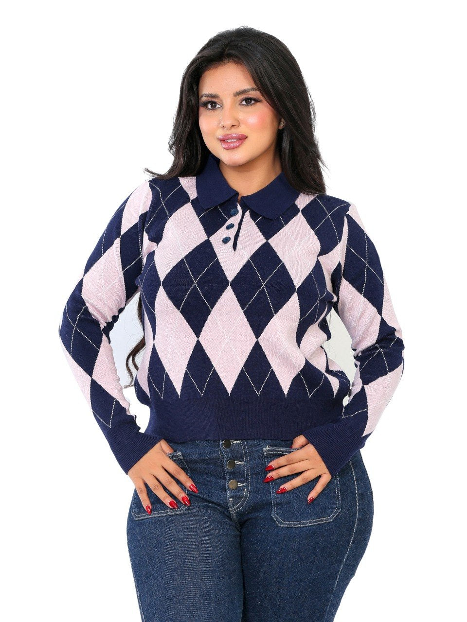 Argyle Diamond Polo Blouse - Navy