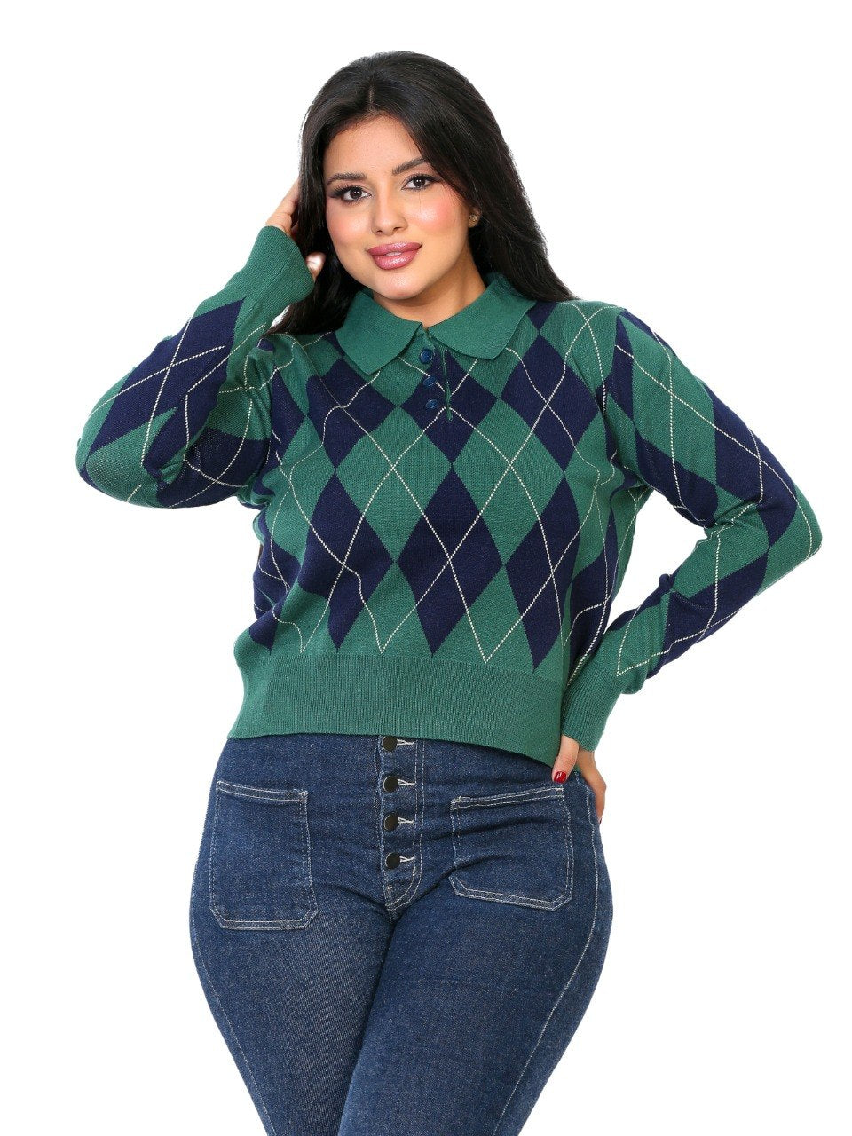 Argyle Diamond Polo Blouse - Dark Green